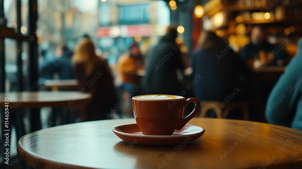 A single cup of cappuccino sits on a table in a busy cafe. The warm lighting and blurred background create a cozy and inviting atmosphere. A single cup of cappuccino sits on a table in a busy cafe. The warm lighting and blurred background create a cozy and inviting atmosphere.