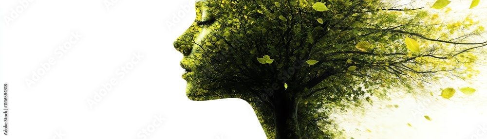 Fototapeta premium Emptiness to renewal, tree and leaves transforming into human head, symbol of rehabilitation and personal reawakening, vivid and symbolic nature illustration