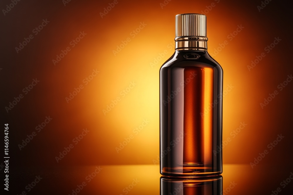 Elegant Amber Glass Bottle on a Reflective Surface with Warm Glow Background Ideal for Cosmetic, Perfume or Essential Oil Product Photography Elegant Amber Glass Bottle on a Reflective Surface with Warm Glow Background Ideal for Cosmetic, Perfume or Essential Oil Product Photography