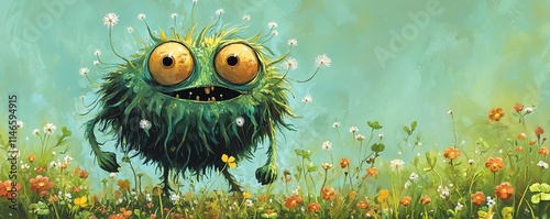 Lawn care battle, weed monster with dandelion and clover, crabgrass pest problem, herbicide treatment symbol, detailed and colorful garden illustration