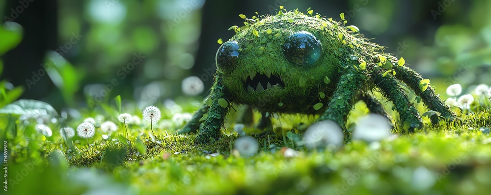 Lawn weed monster symbolizing herbicide use, dandelion and crabgrass pests, clover problem on green grass, vibrant and realistic garden scene Lawn weed monster symbolizing herbicide use, dandelion and crabgrass pests, clover problem on green grass, vibrant and realistic garden scene