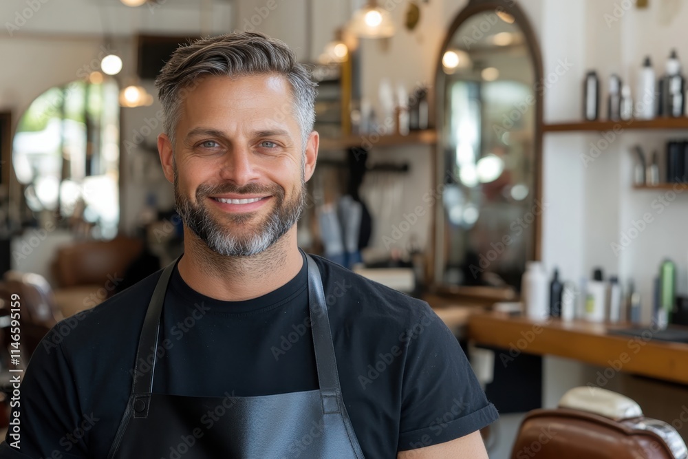 A stylish male barber smiles radiantly in a contemporary salon setting, featuring chic decor and a variety of grooming products lining the shelves, depicting professionalism. A stylish male barber smiles radiantly in a contemporary salon setting, featuring chic decor and a variety of grooming products lining the shelves, depicting professionalism.
