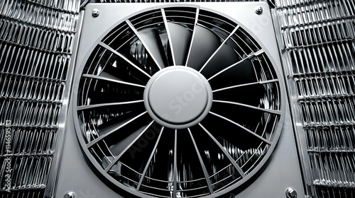 Close-up of a Cooling Fan with Metallic Grids, Abstract Industrial Background Image photo