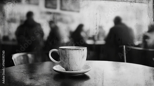 A steaming cup of coffee sits on a table in a dimly lit cafe, the blurry figures of patrons adding to the serene atmosphere. The grayscale palette enhances the mood of quiet contemplation.