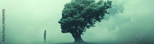 Rehabilitation and renewal, empty space transforming into a tree with human headshaped leaves, personal reawakening symbol, surreal and natureinspired illustration photo