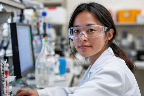 A dedicated female scientist reviews data on her computer in a lab, showcasing her focus and commitment to research in a modern scientific laboratory environment.