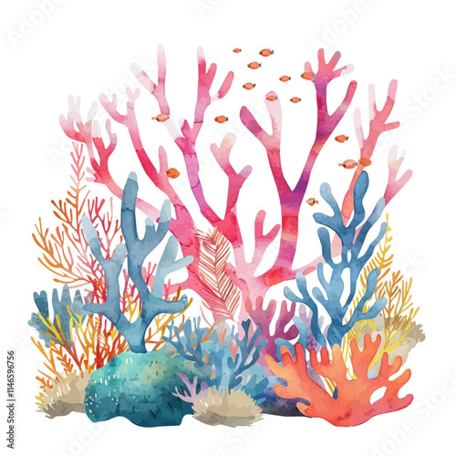 A watercolor vector of colorful coral underwater, isolated on a white background. Colorful coral underwater vector.
