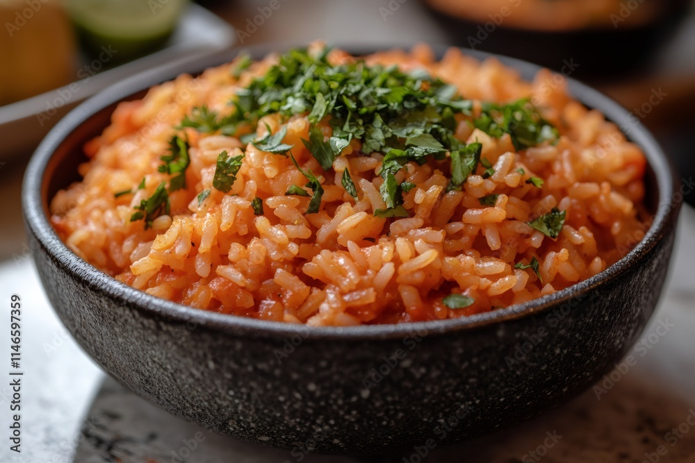 Bowl of delicious mexican rice garnished with fresh cilantro Bowl of delicious mexican rice garnished with fresh cilantro