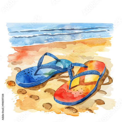 A watercolor vector of colorful flip-flops on a sandy beach, isolated on a white background. Colorful flip-flops sandy beach vector.
