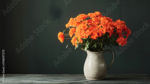 Orange flowers in white vase on the table with dark background 