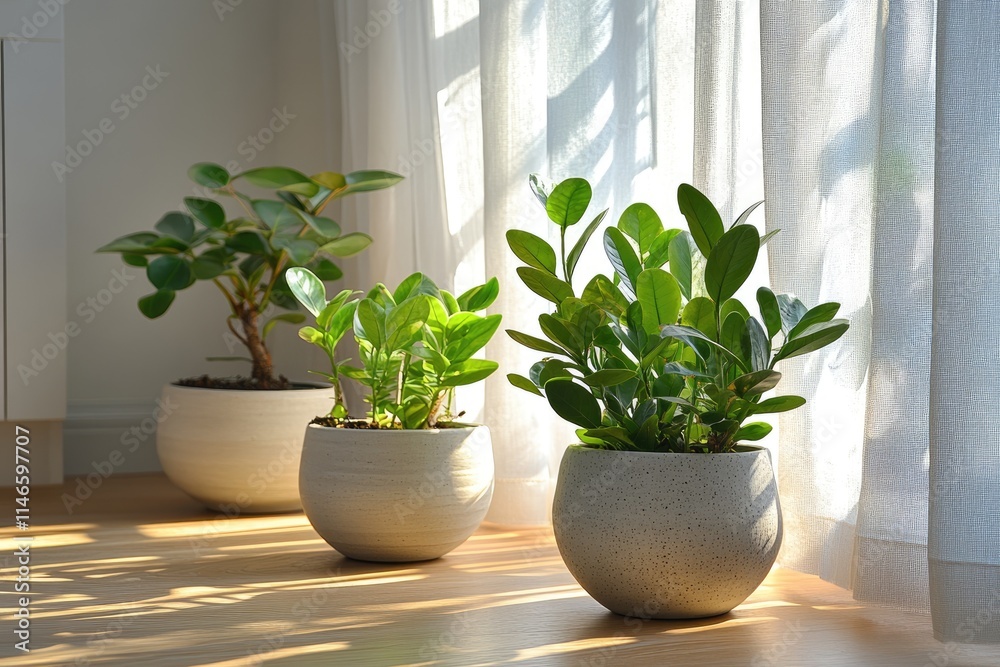 Fototapeta premium Potted plants basking in sunlight by the window: promoting tranquility and well-being
