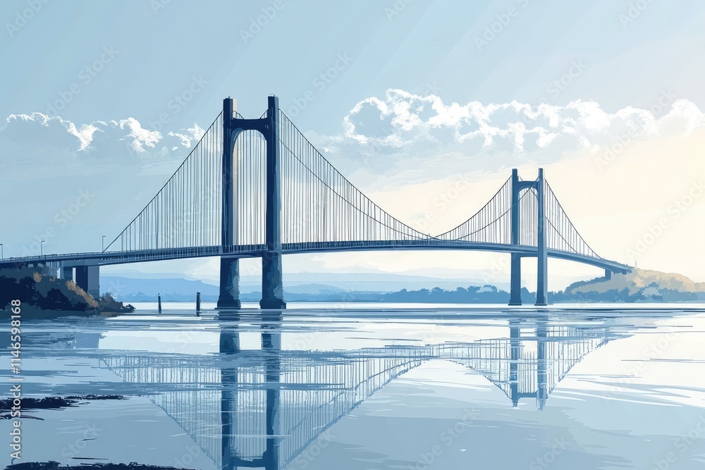 Suspension bridge reflecting on calm water at sunset Suspension bridge reflecting on calm water at sunset