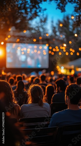 Fototapeta Naklejka Na Ścianę i Meble -  Audience watching movie at open air cinema during summer night