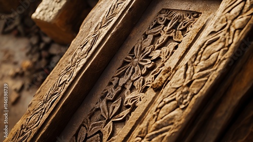 Intricate floral carvings adorn this ancient stone structure, showcasing the artistry and craftsmanship of a bygone era. The warm, earthy tones and detailed work create a sense of history and wonder. photo