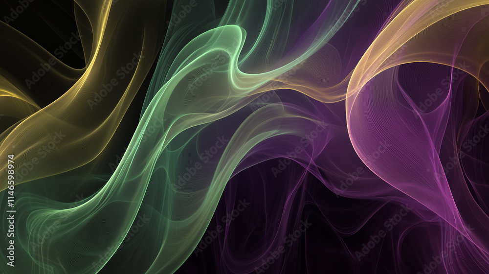 Obraz premium Dynamic swirling waves in Mardi Gras colors of purple, green, and gold, capturing the festive joy and vibrancy of the carnival season
