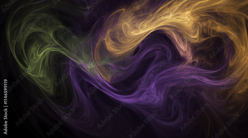 Fototapeta premium Mystical abstract swirls in Mardi Gras colors of purple, green, and gold, symbolizing elegance and the enchanting spirit of the season