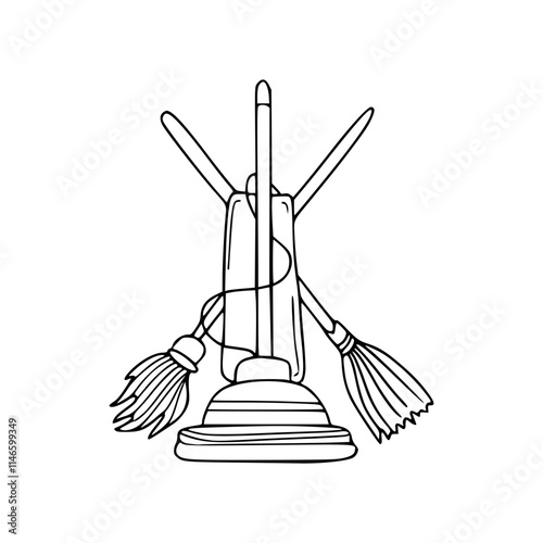 a line art drawing of a broom and mop illustration