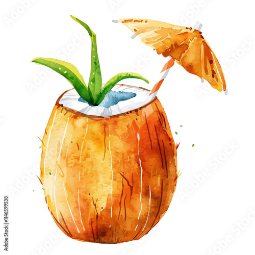 A watercolor vector of a tropical coconut drink with a straw, isolated on a white background. Tropical coconut drink vector.
