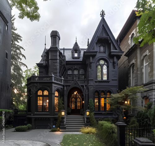 gothic style house with large windows and black trim, goth home design magazine photography, victorian inspired architecture photo