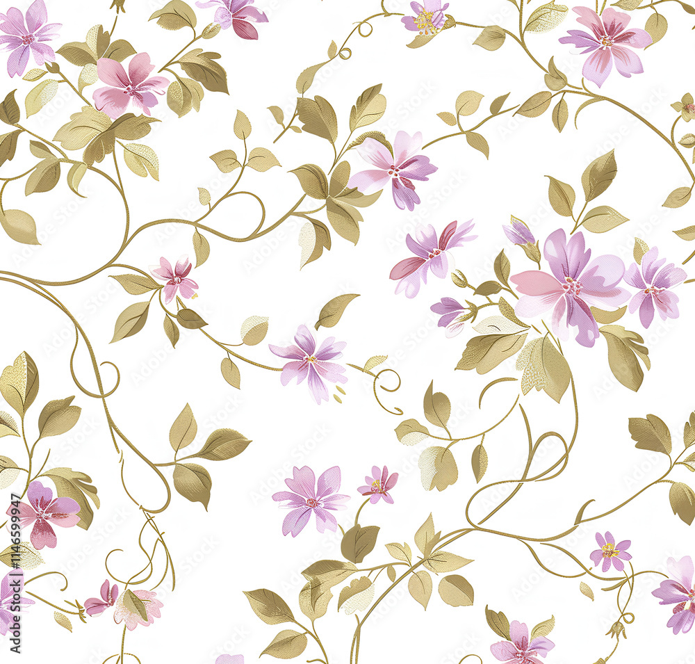 Obraz premium floral pattern on white wallpaper, with small flowers and vines in pastel colors such as pink, purple, green, yellow, brown, or beige. suitable for an inviting atmosphere in rooms like dining rooms