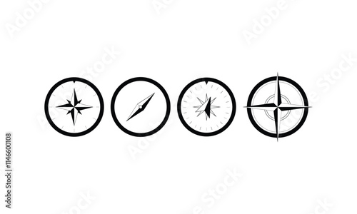 Compass simple icon set. Compass symbol set. Wind rose icon. Set of vector compass icons.