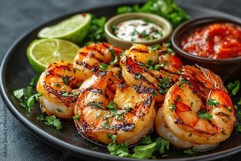 Grilled shrimps or prawns served with lime, garlic and white sauce on a dark concrete background. Seafood. Top view with copy space. Flat lay Grilled shrimps or prawns served with lime, garlic and white sauce on a dark concrete background. Seafood. Top view with copy space. Flat lay