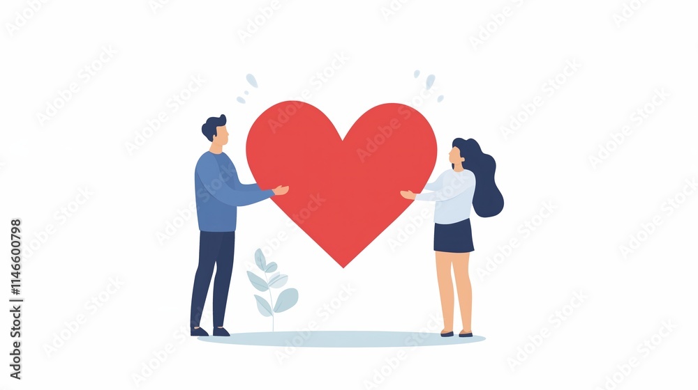 Man and Woman Assembling a Large Red Heart Shaped Puzzle Representing Teamwork and Love in Minimalist Style with a Plant on a White Background Man and Woman Assembling a Large Red Heart Shaped Puzzle Representing Teamwork and Love in Minimalist Style with a Plant on a White Background