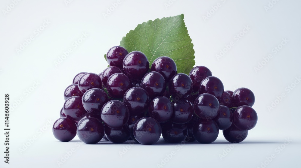 Fototapeta premium Ripe dark grapes with leaf on white.