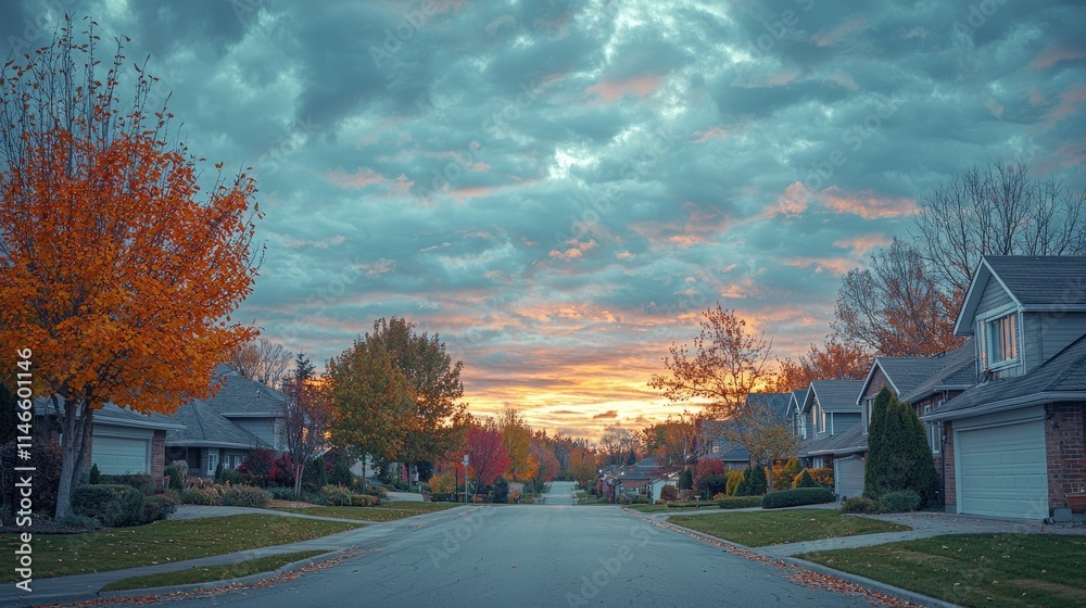 Tranquil Autumn Sunset Over Residential Street Tranquil Autumn Sunset Over Residential Street