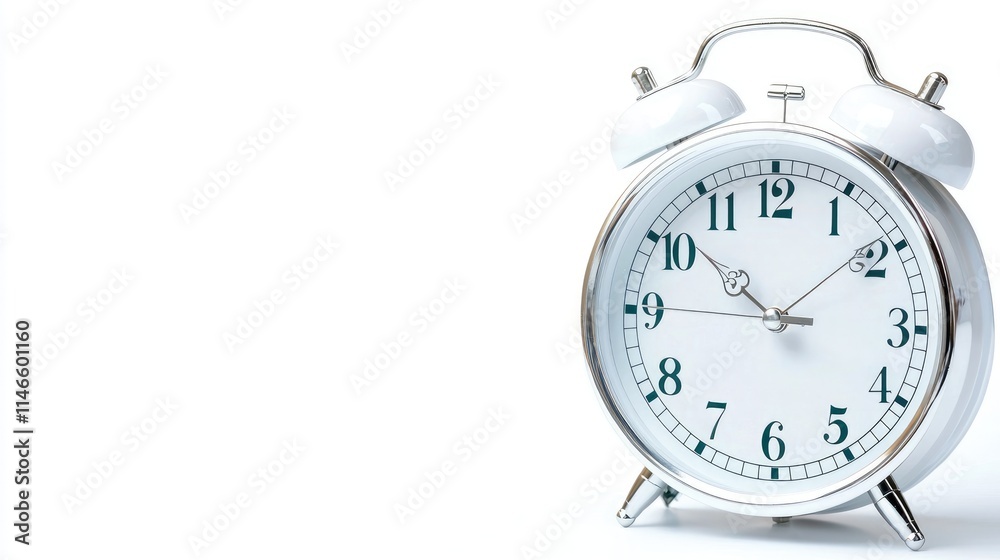 White alarm clock showing time on white background. White alarm clock showing time on white background.