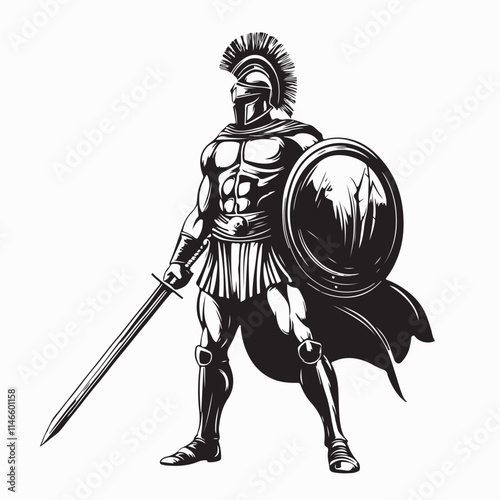 Spartan Warrior Image.  Spartan Warrior Stands Ready with Sword and Shield image vector isolated on white background.