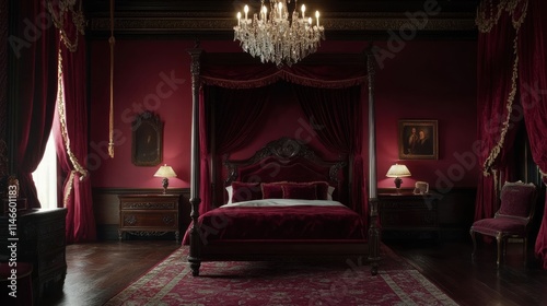 luxurious dark red bedroom interior photo