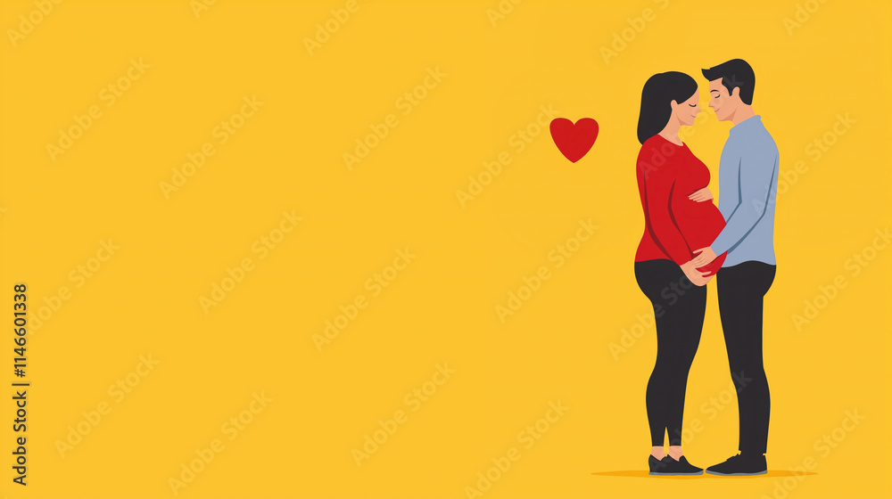 Happy Pregnant Couple Embracing in Minimalist Flat Design on Vibrant Yellow Background with Floating Heart Symbol for Love and Family Connection in Expecting Parents Modern Illustration Happy Pregnant Couple Embracing in Minimalist Flat Design on Vibrant Yellow Background with Floating Heart Symbol for Love and Family Connection in Expecting Parents Modern Illustration
