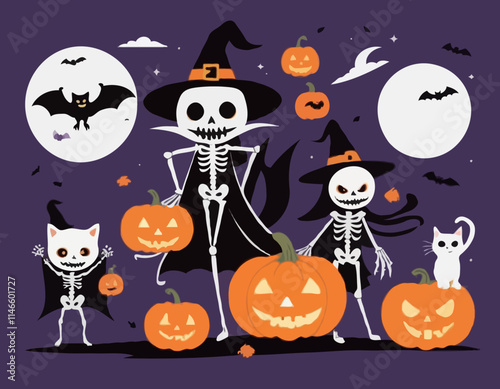 Cartoon Halloween characters with spooky vibes, witch skeleton vampire cat pumpkins, festive banner