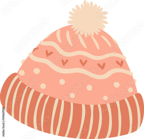 Warm and cozy pink winter hat featuring a fluffy pompom, adorned with charming hearts and playful stripes, offering both comfort and style for chilly winter days