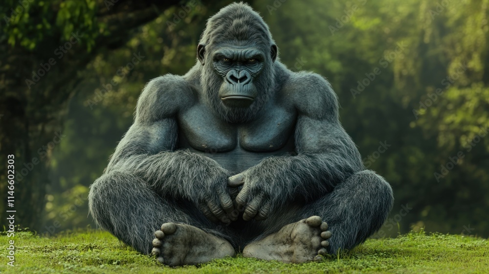 Powerful gorilla sitting in lush green forest. Powerful gorilla sitting in lush green forest.