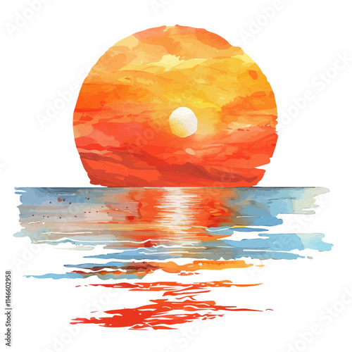 A watercolor vector of a vibrant orange sunset over the ocean, isolated on a white background. Vibrant orange sunset ocean vector.
