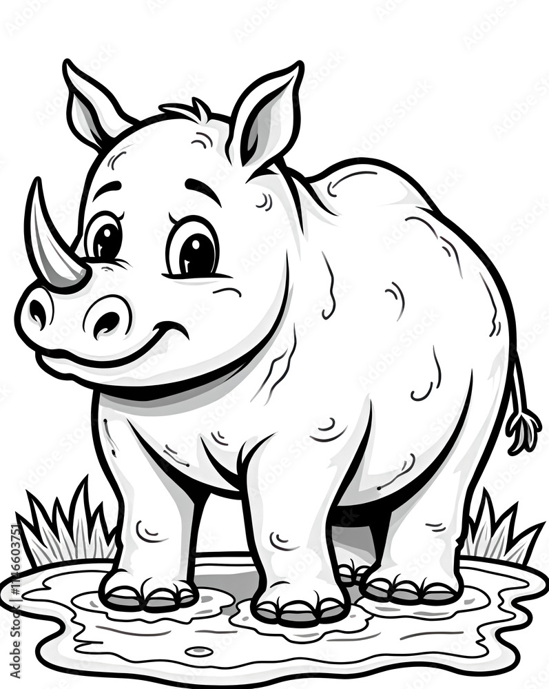 Fototapeta premium Baby Rhino Playing in Muddy Puddle