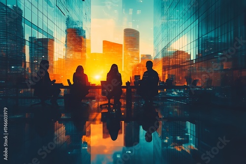 Sunrise Silhouettes Business Team Meeting Window Reflections