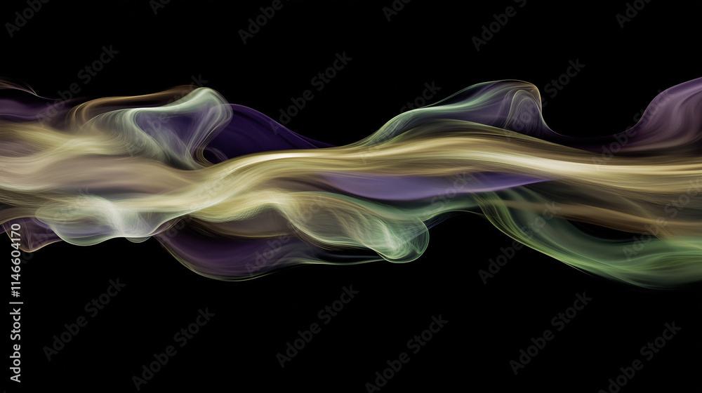 Obraz premium Elegant flowing ribbons in purple, green, and gold on a black background, embodying the mystique and festive charm of Mardi Gras