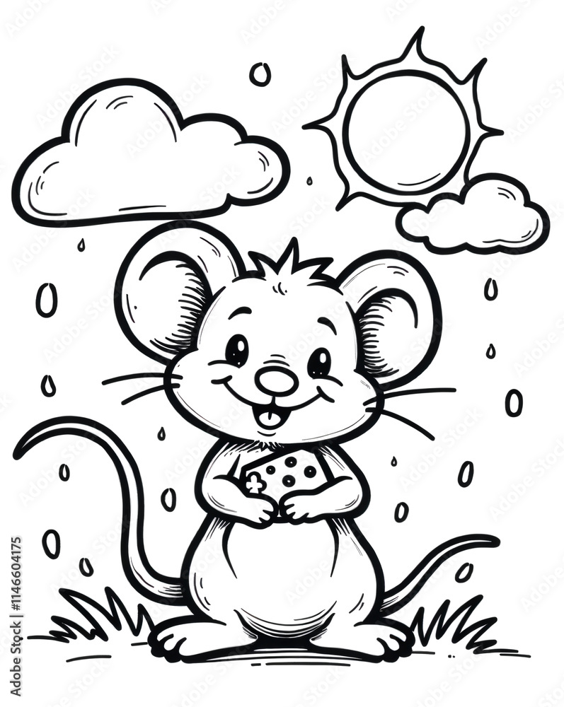 Happy Mouse with Cheese in Rainy Weather Happy Mouse with Cheese in Rainy Weather
