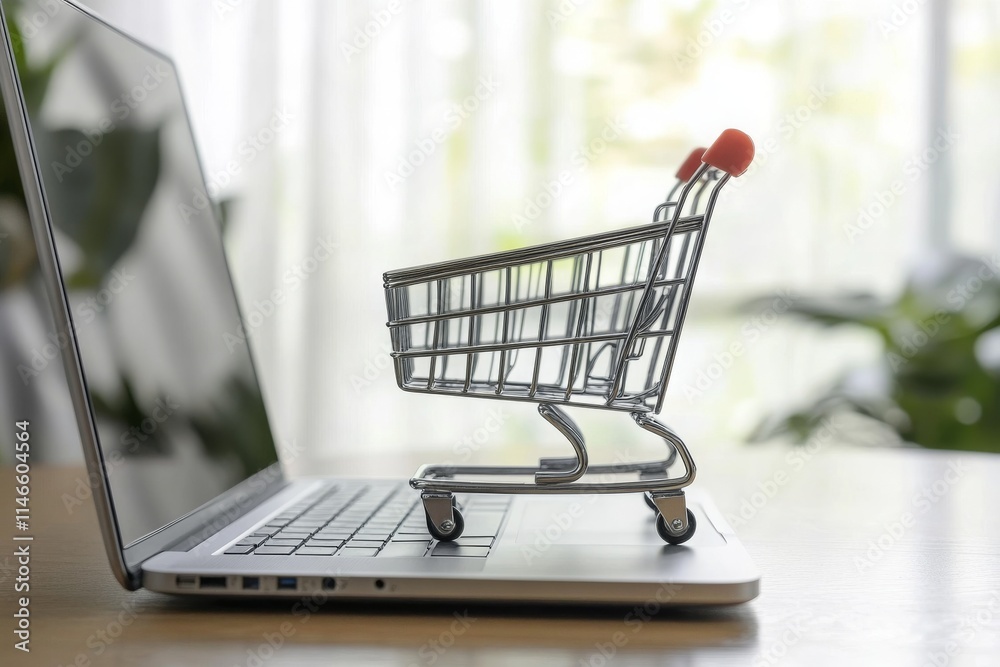 Shopping Cart on Laptop Keyboard Representing Online Shopping Experience and E-Commerce Growth with Modern Technology in Bright Indoor Setting Shopping Cart on Laptop Keyboard Representing Online Shopping Experience and E-Commerce Growth with Modern Technology in Bright Indoor Setting