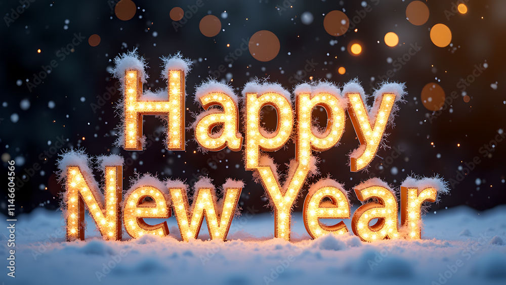 Happy New Year sign with lights and snow. Concept of celebration and new beginnings. Happy New Year sign with lights and snow. Concept of celebration and new beginnings.