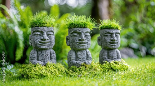 Three serene stone statues with grass hair, sitting amidst lush greenery. photo