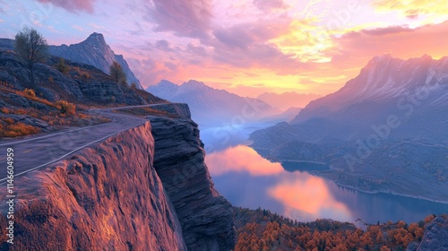 An expansive mountain landscape at sunset with a winding road jutting out over a high cliff