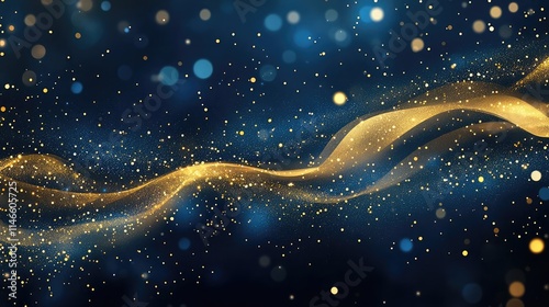 Abstract dark blue and gold particle background with Christmas golden light bokeh, shining particles on navy blue, gold foil texture, festive holiday concept