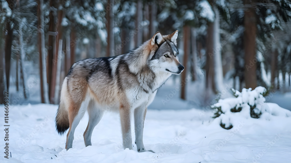 In the snow forest a brown wolf standing In the snow forest a brown wolf standing