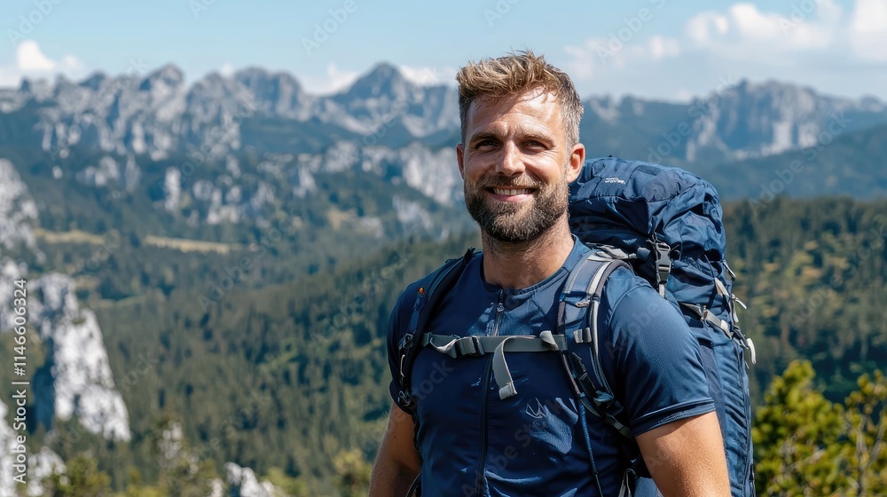 Happy hiker with backpack smiles at camera, mountains in background. Happy hiker with backpack smiles at camera, mountains in background.