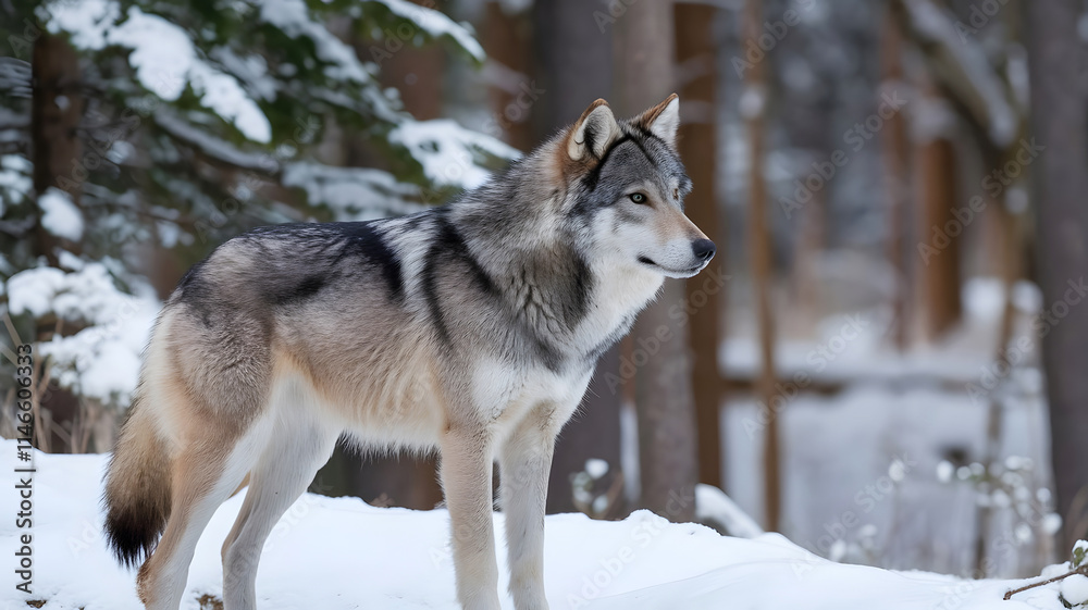 Gray wolf in snow forest looking for something Gray wolf in snow forest looking for something
