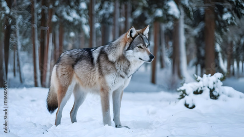 In the snow forest a brown wolf standing